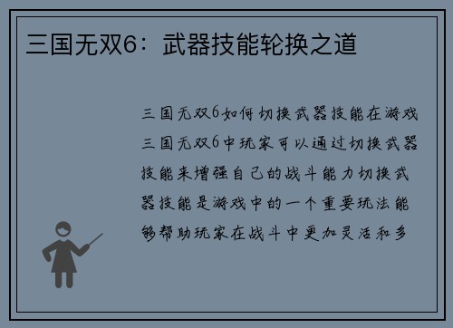 三国无双6：武器技能轮换之道